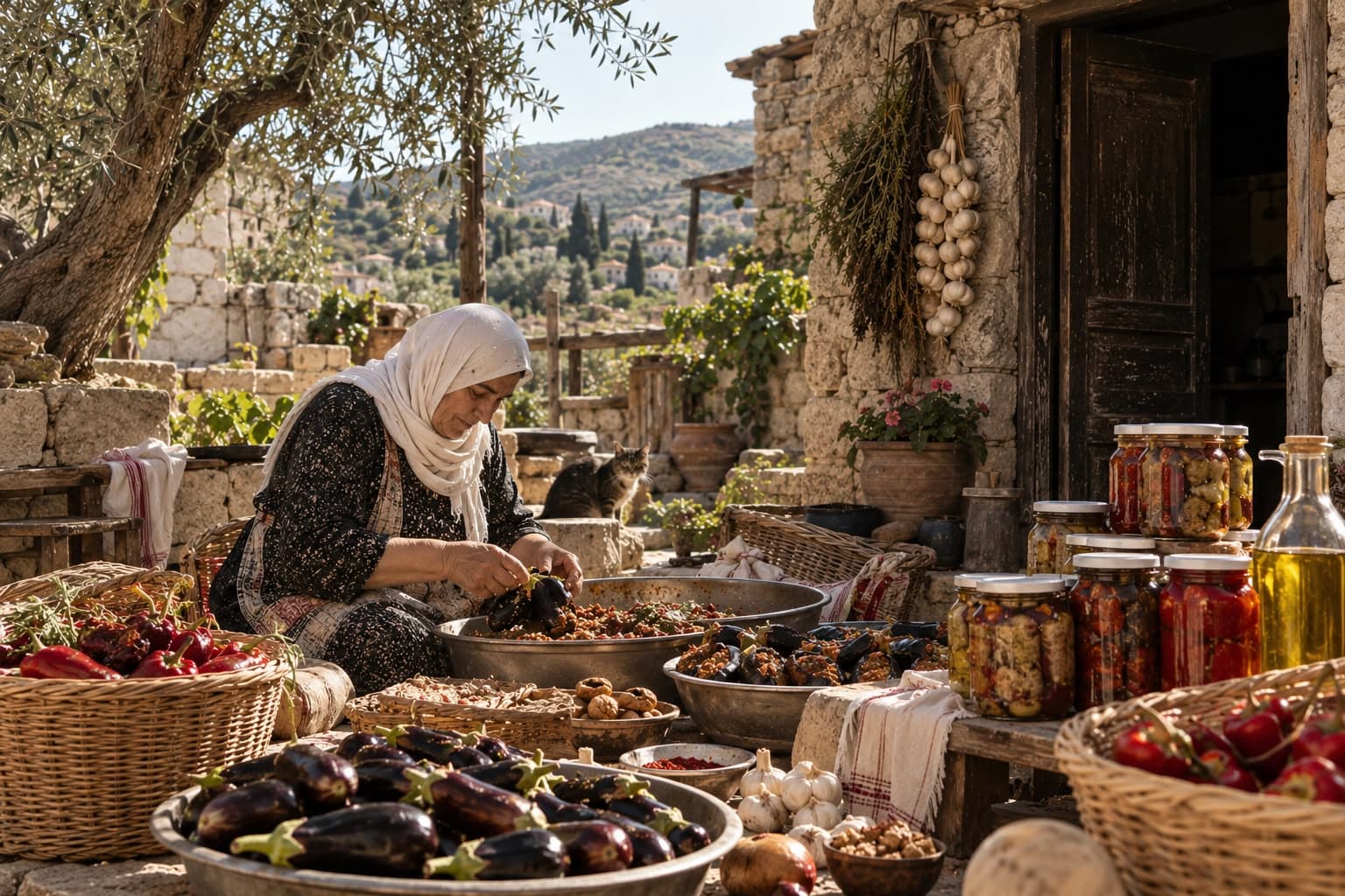 سيدة لبنانية تحضّر الباذنجان ومكونات المونة في باحة بيت حجري تقليدي